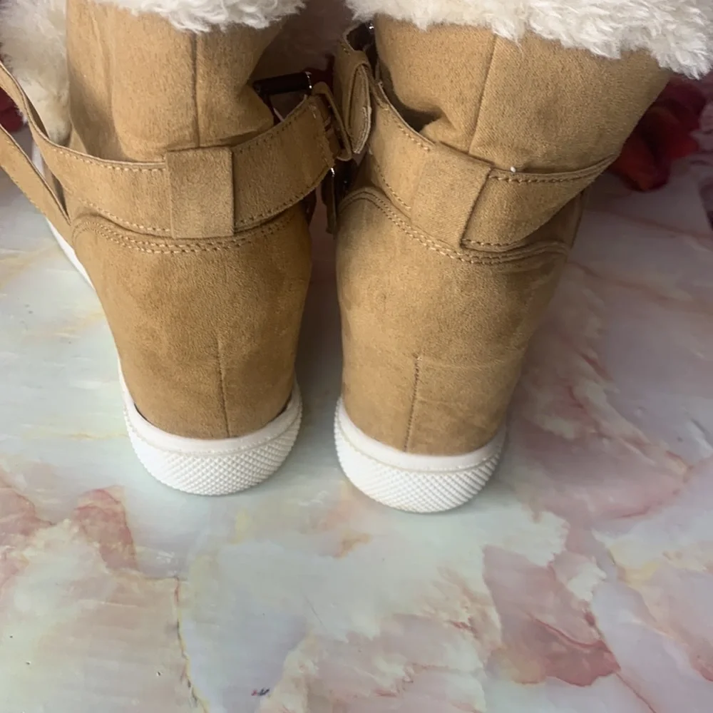 Madden NYC Tan Suede Faux Fur Peytonn Wedge Ankle Boots